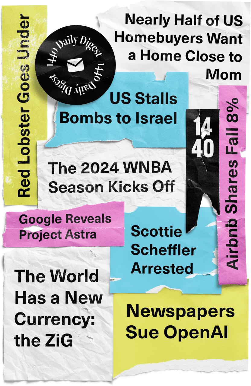 A collage of paper headlines for stories from May's 1440 newsletters
