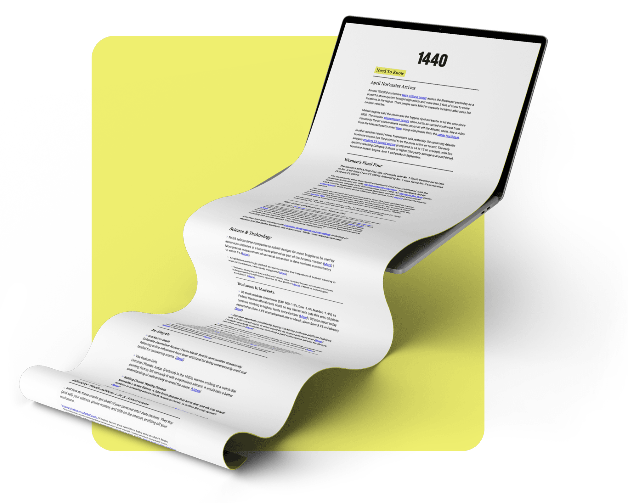 A laptop showing a 1440 newsletter with the screen overflowing like a long grocery store receipt would